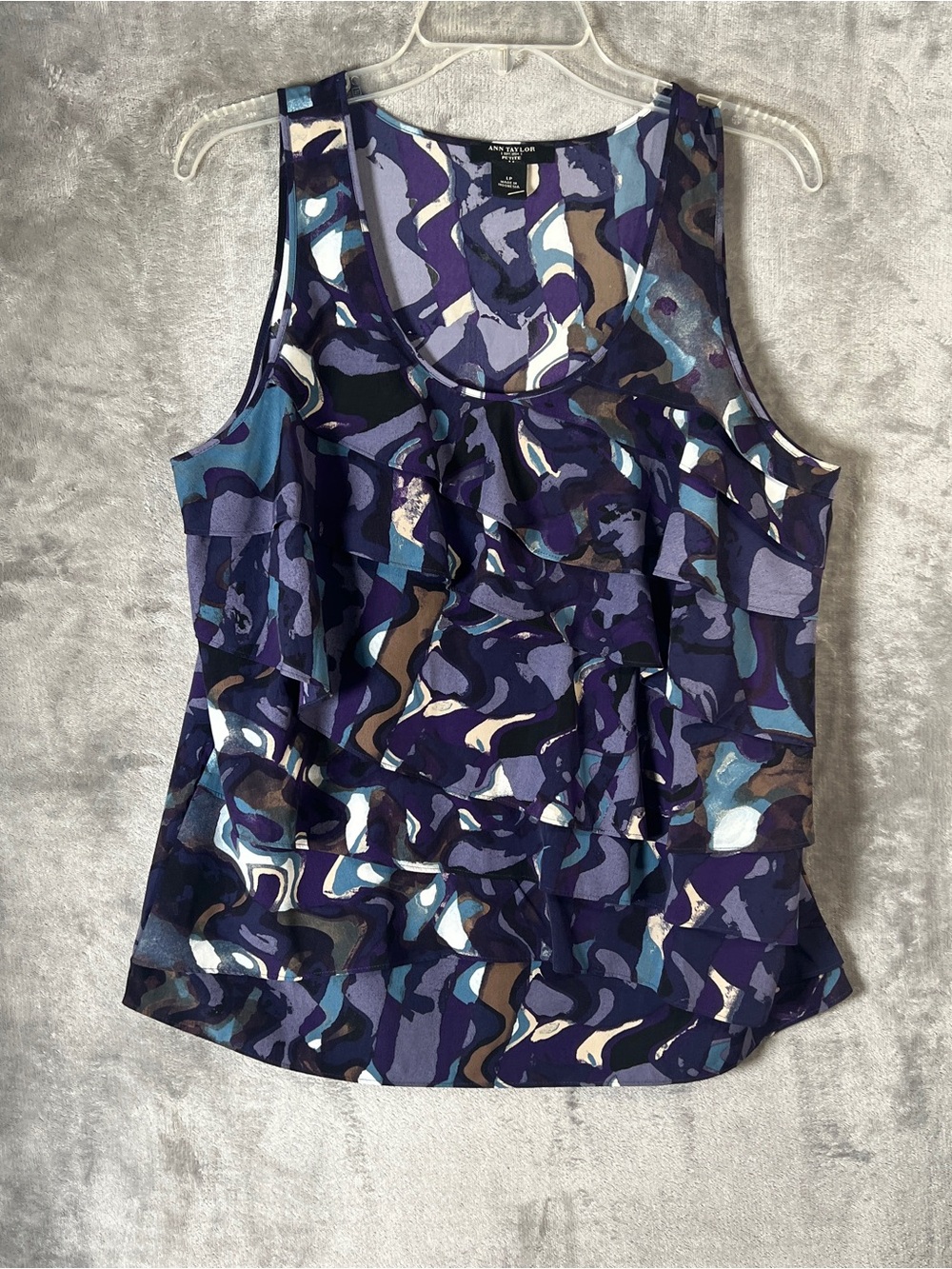Ann Taylor Navy Purple Blue Abstract Ruffle Shell Top